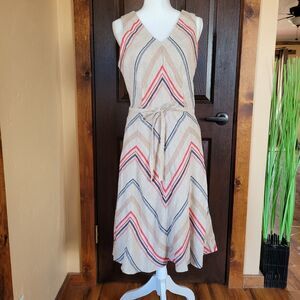 NWT Lands End Women’s Sz 12P Striped 100% Linen Sleeveless Lined Belted Dress